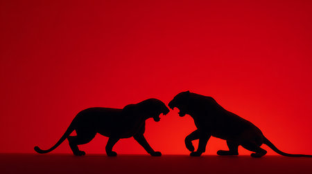 Silhouette of two wild leopards fighting on red backgroundの素材