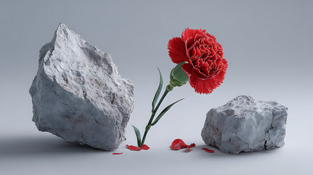 3d rendering of red carnation and stone on a gray backgroundの素材