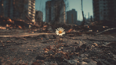 A single daisy on the ground in front of a destroyed buildingの素材