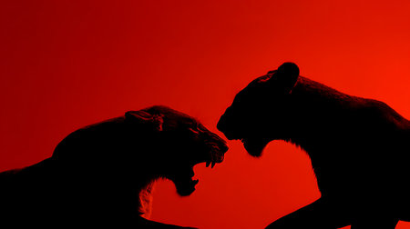 Silhouette of two lioness fighting isolated on red background.の素材