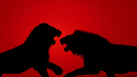 Lion and lioness fighting in front of a red background.の素材
