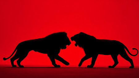 Lion and lioness silhouettes on a red background. This is a 3d render illustrationの素材