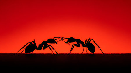 Silhouette of Ants on red background, teamwork concept.の素材