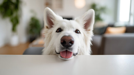 Portrait of a white swiss shepherd dog lying on a tableの素材