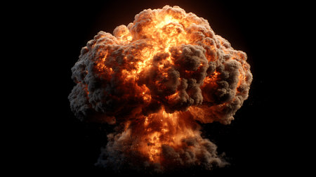 Big explosion of nuclear bomb with smoke on black background. 3D illustrationの素材