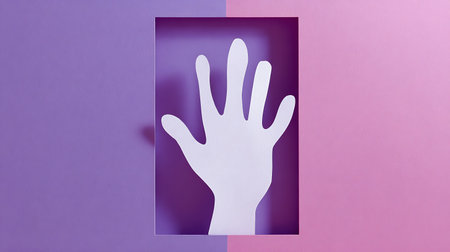 White paper hand on a purple background. Place for your text.の素材