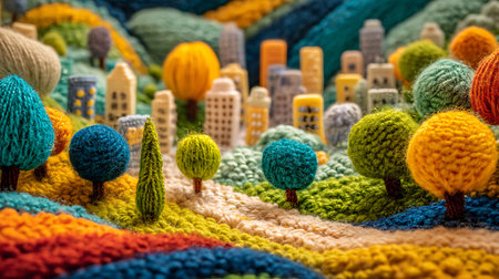 Close up view of a group of colorful knitted houses and trees.の素材