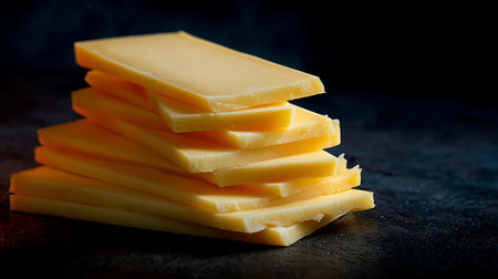 Slices of cheese on a black background. Selective focus.の素材