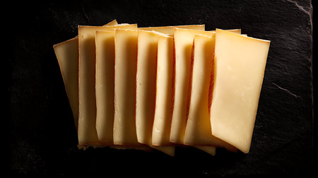 Slices of Swiss cheese on a black background. Toned.の素材