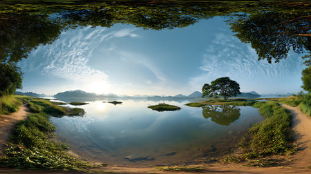 Beautiful panorama of river and reflection of tree in the waterの素材
