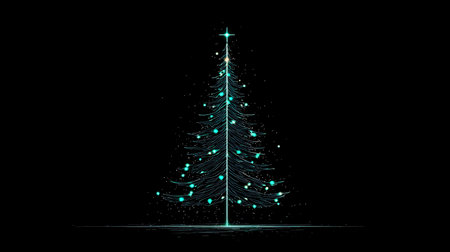 Christmas tree made of glowing lights on black background. Vector illustration.の素材