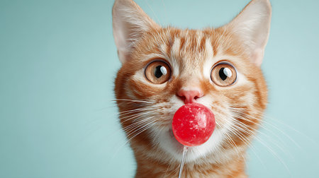 Funny ginger cat with red nose and lollipop on blue backgroundの素材
