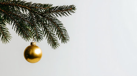 Christmas tree branch with a golden ball on a white background. Copy space.の素材