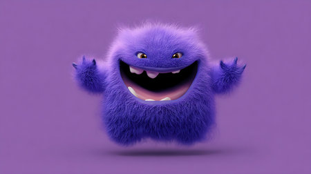 Funny cartoon monster isolated on purple background. 3D rendering.の素材