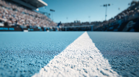 Running track in a stadium with white lines on the background of the crowdの素材