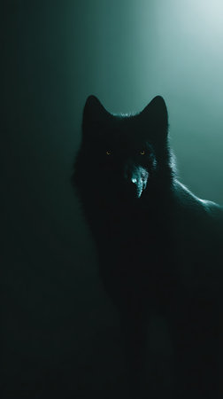 Black cat in a foggy dark room looking at the camera.の素材