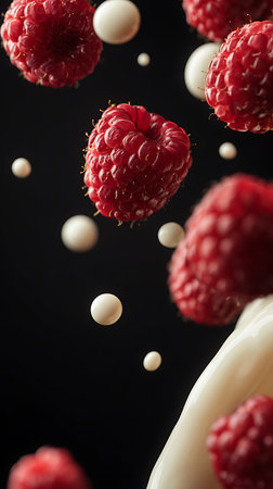 Delicious yogurt with fresh raspberries on black background, closeupの素材