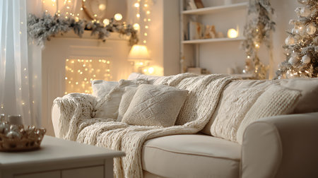 Comfortable sofa with pillows in living room. Christmas interior designの素材