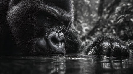 Closeup portrait of a gorilla in the water, black and whiteの素材