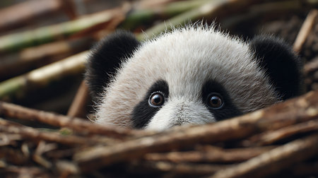 Panda in the bamboo nest, Chengdu, Sichuan Province, Chinaの素材