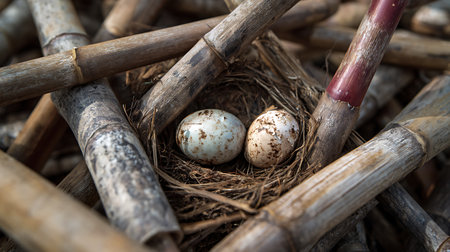 Bird nest with quail eggs on bamboo background. Close up.の素材