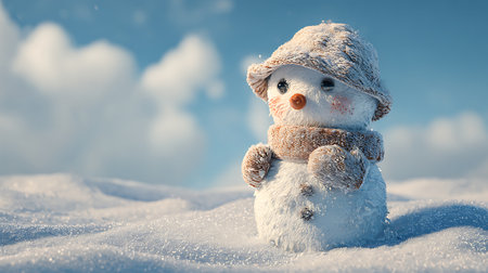 Snowman in the snow. Christmas and New Year holidays background.の素材