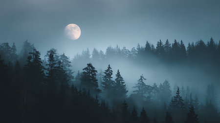 Foggy forest in the mountains at night with full moon.の素材