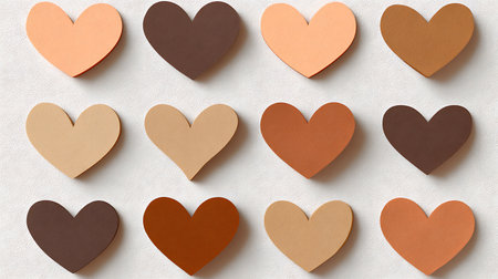 Brown and brown paper hearts on white background. Flat lay, top viewの素材
