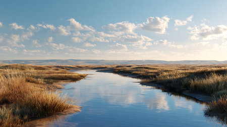 Dunes in the North Sea with a small stream in the foregroundの素材