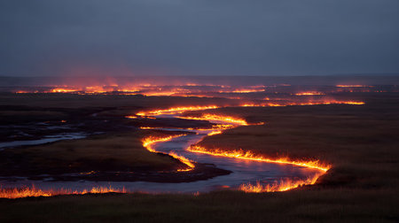 Flaming water stream in the steppe at night, Icelandの素材