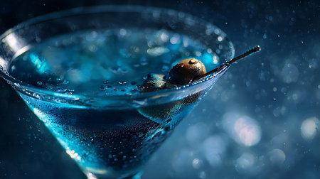Blue martini cocktail with ice and olives on dark blue backgroundの素材