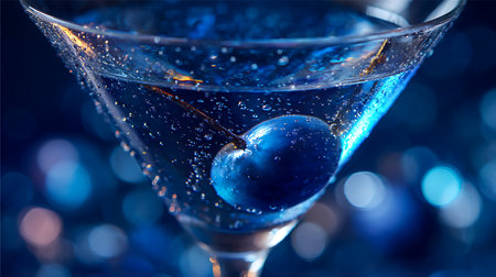 Blue martini glass with blue grape on dark blue bokeh backgroundの素材