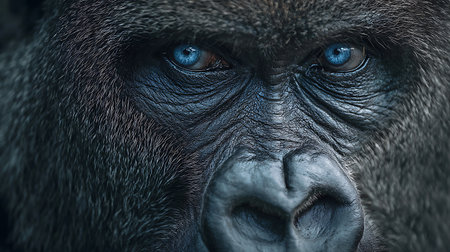 Close up portrait of a gorilla with big blue eyes. Studio shot.の素材