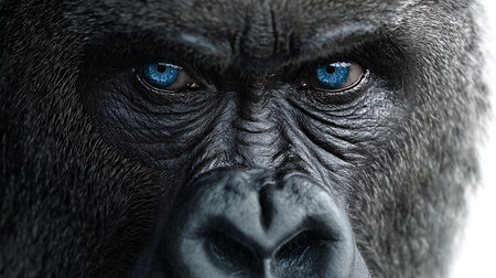 Portrait of a gorilla with blue eyes looking at the camera.の素材