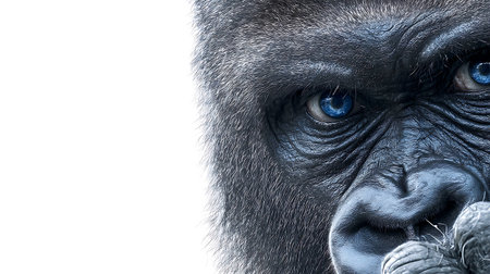 Portrait of a gorilla with blue eyes isolated on a white backgroundの素材