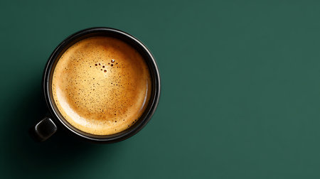 Coffee cup on green background, top view, copy spaceの素材