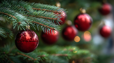Christmas tree decoration with red baubles on bokeh backgroundの素材