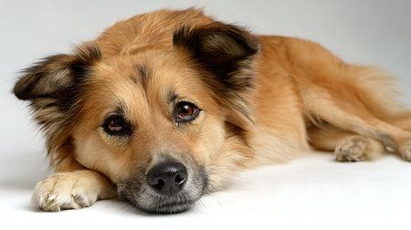 Portrait of a mixed breed dog lying down on a white backgroundの素材