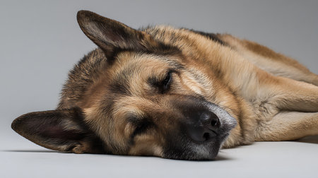 German shepherd dog sleeping on gray background. Studio shot. Shallow depth of field.の素材