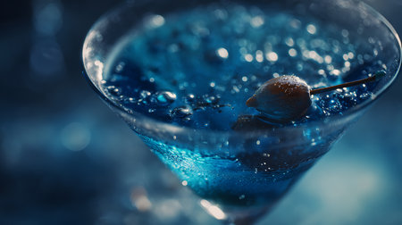 Blue cocktail with ice and cherry on blue background. Close-up.の素材