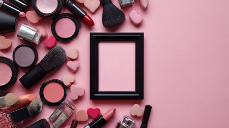 Flat lay composition with cosmetic products and photo frame on pink backgroundの素材