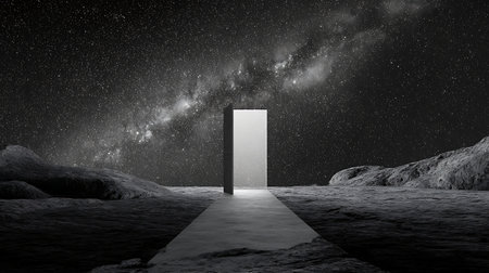 Open door in the sky with stars and milky way. 3D renderingの素材
