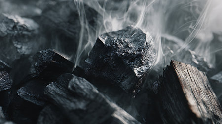 Close-up of black coal in the smoke. Selective focus.の素材