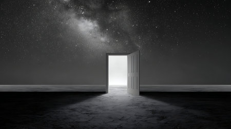 Conceptual image of open door leading to night sky with starsの素材
