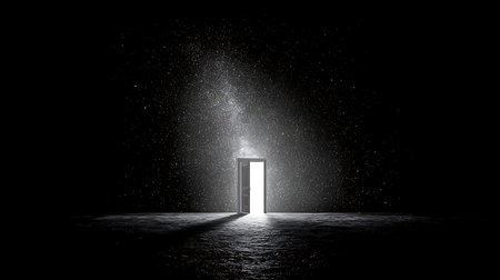 Open door in the dark with light coming from it. 3D renderingの素材