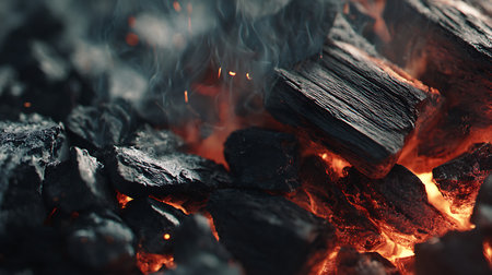 burning coals in a barbecue, close-up, fire backgroundの素材