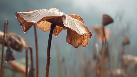 Dry lotus leaves with dew drops on a foggy morningの素材