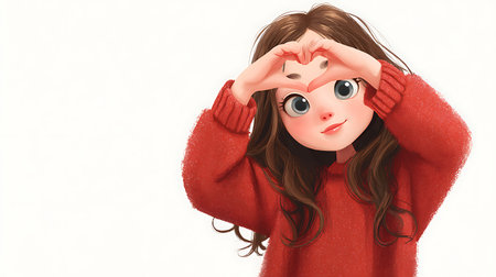 Little girl in red sweater showing heart shape with hands on white backgroundの素材