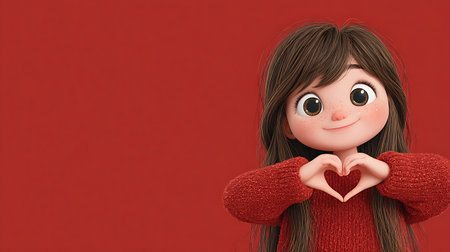 Cute little girl with heart shaped hands on red background. Valentines day conceptの素材