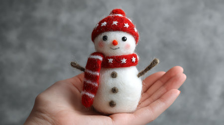 Handmade snowman on gray background, closeup. Christmas decorationの素材